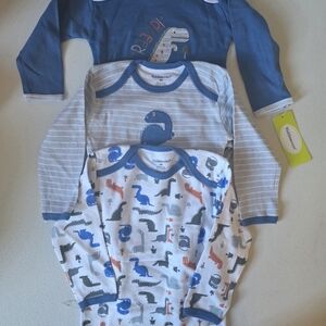 Kids Dinosaur Bodysuit Trio - Blue, Gray, White